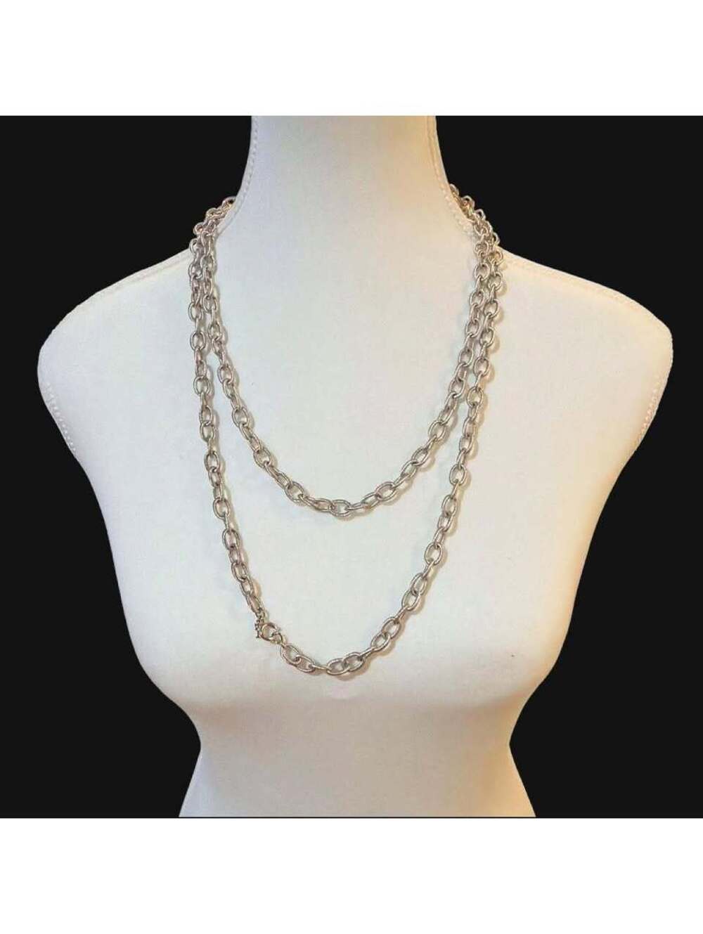 Long Silver Textured Link Chain Necklace